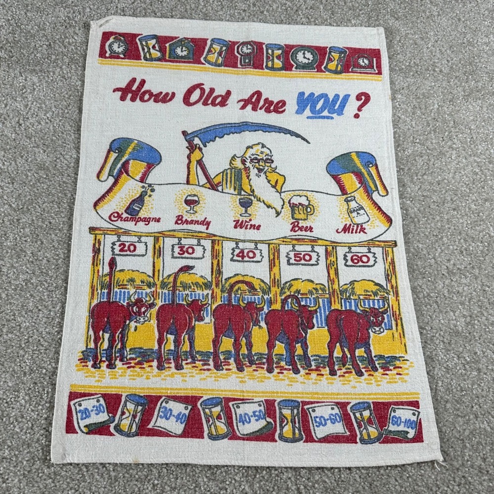 Vintage How Old Are You Humor Tea Towel Father Time Cows Linen Bar Decor Retro